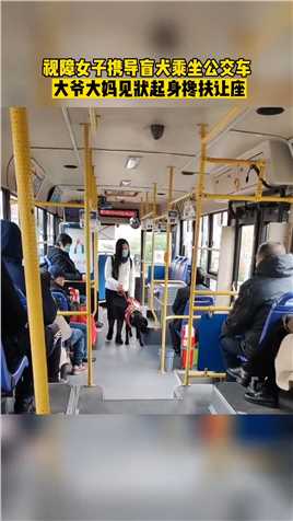  视障女子携导盲犬乘坐公交车，大爷大妈见状起身搀扶让座#传递正能量