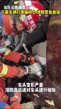 云南曲靖下雨车辆打滑撞树上 消防紧急救援.