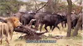 年轻雄狮第一单挑水牛，吓得它赶紧爬到树上躲避#野生动物零距离#动物的迷惑行为