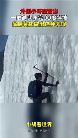 外国小哥爬雪山，一把锄头爬完90度斜坡，最后竟还做出这种表现