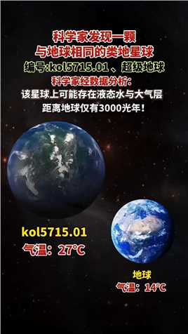 科学家发现超级地球“koi5715.01”距离地球约3000光年，研究发现它已经存在了约55亿年，这颗星球表面有大气层和液态水，或可能存在生命形式！