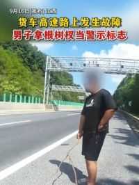 货车高速路上发生故障，男子拿根树杈当警示标志！