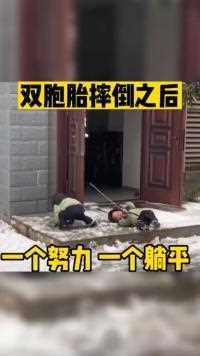 双胞胎摔倒之后一个努力站起来一个直接躺平人间奇趣记录仪