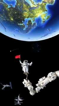 刘伯明，踏上了空间站机械臂上，与地球同框，他出仓时大声的感叹:“外面太漂亮了”
