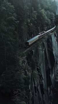 陡峭的悬崖半空中 ，一列回旧的蒸汽火车安静的停着，看不到乘客，像是忽然开到这里的。
