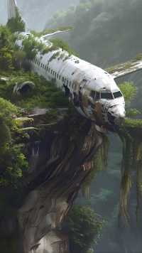 悬崖峭壁上停靠着一辆锈迹斑斑的飞机，不知道是什么年代的？