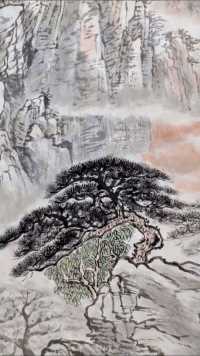 淡墨勾，浓墨画，颜色渲染出青松。