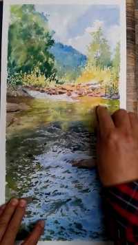 水彩小溪画法，溪流反光刻画