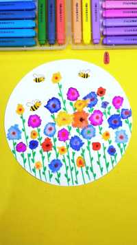 一只小蜜蜂飞到花丛中晕染画