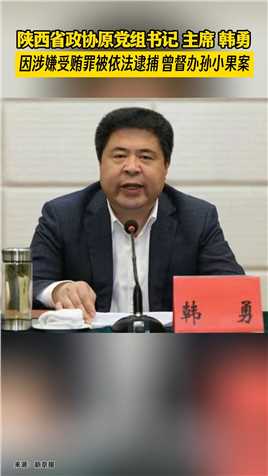 陕西省政协原党组书记、主席韩勇因涉嫌受贿罪被依法逮捕，曾督办孙小果案。
