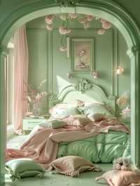 公主房就应该有公主房的样子👸，绿色和粉色的撞色，美绝了💕#好设计看这里 #装友齐分享 #卧室装修案例