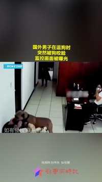 国外男子在逗狗时，突然被狗咬脸，监控画面被曝光.