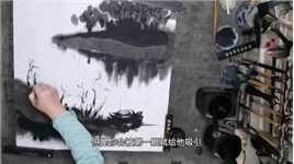 韩宁水墨画708靠岸的小船美术作品展示讲解，绘画技法艺术表现技巧