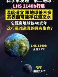 科学家发现“第二地球”LHS 1140b行星，温度适宜，跟地球差不多，其表面可能存在液态水，它距离地球仅40光年