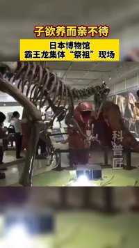  日本鸟取县立博物馆霸王龙化石展上，市民穿着霸王龙服装“祭祖”!