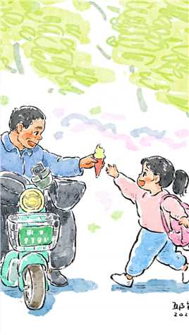 爷爷小心地手捏蛋筒冰淇淋，满脸笑容中充满了对孙女的宠爱～#画一个故事 #平凡生活 