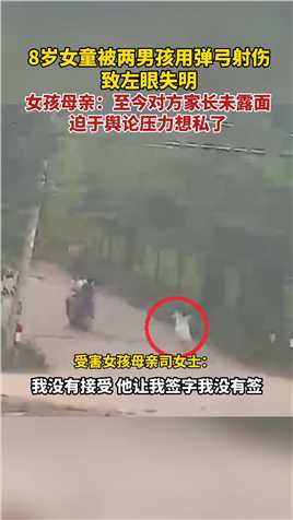 江苏沐阳县一8岁女童被两男孩弹弓打眼致失明，7月24日，女孩母亲称：事发至今对方家长未露面，这两天迫于舆论压力，对方通过派出所想跟我们私了.