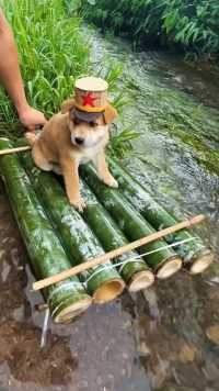 给这孩子做了一个竹排去河道巡逻，这孩子可开心了。