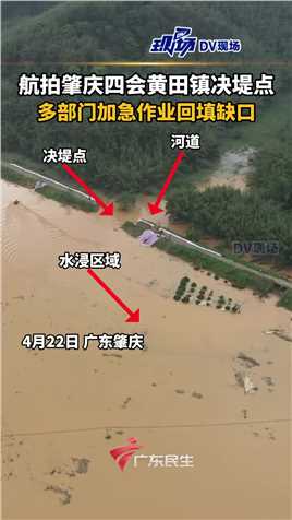 航拍肇庆四会黄田镇决堤点，多部门加急作业回填缺口。